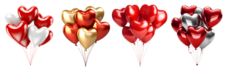 Collection set of heart love shape balloons in a bunch on transparent background cutout, PNG file. Mockup template artwork graphic design