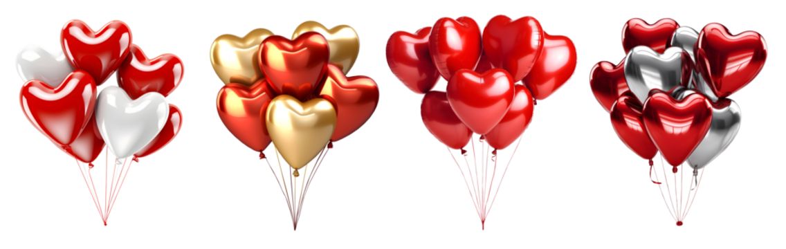 Collection set of heart love shape balloons in a bunch on transparent background cutout, PNG file. Mockup template artwork graphic design