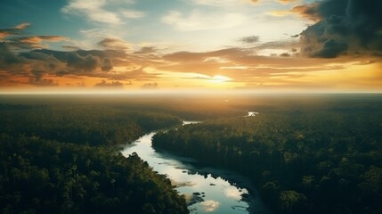 Beautiful green Amazon forest landscape at sunset. Adventure, explore, air dron view, vibe - obrazy, fototapety, plakaty