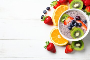 Chia pudding with berries and granola in bowl