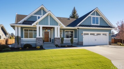 Beautiful new home exterior with two car garage and covered porch on sunny day - obrazy, fototapety, plakaty