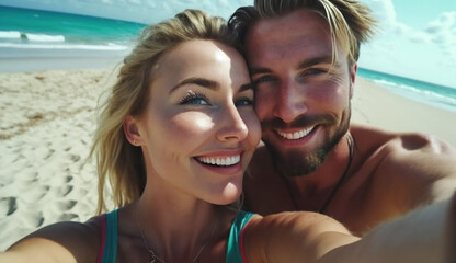 Fototapeta premium Attractive and young couple enjoying the day at the beach 