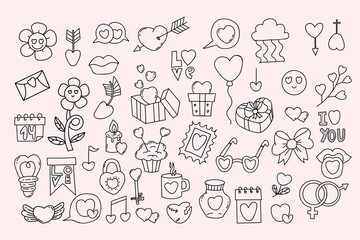 Valentine day. Love doodles. Heart, love symbols, gift, valentines, balloon, note, sweets, flowers and letter. Vector isolated romantic outline hand drawings for festive design