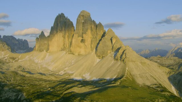 Golden Hour Sunset on Beautiful Tre Cimes da Lavaredo Mountains in Italy's Dolomite Alps