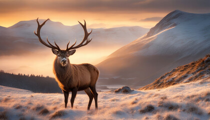Majestic Winter Sunrise Red Deer Stag and Alpen Glow in Scottish Highlands