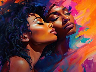 Harmony and fusion take center stage in this digital art piece, depicting the beauty of a black woman and man through abstract digital elements © lublubachka