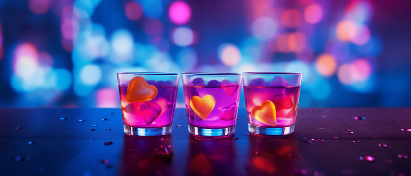 Ice cold fruity flavored alcohol drink in a shot glasses with heart shaped colored ice cubes, midnight new year's eve city lights background