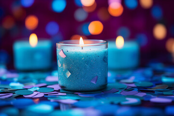 Sublime glowing candles in a glass with decorated glitter and colorful background bokeh, tranquil and peaceful romantic evening  under candlelight.  