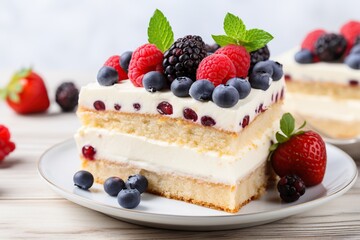 Piece of cake with berries on wooden background