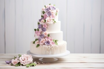 Three-tiered white wedding cake decorated with flowers on wooden background