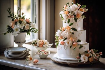 Obraz na płótnie Canvas Three-tiered white wedding cake decorated with flowers on table