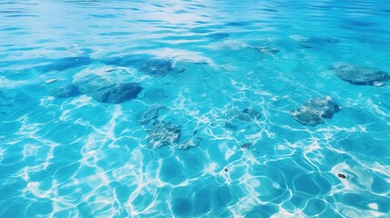 Blue-ripped sea water as a swimming pool. Crystal clear ocean lagoon bay turquoise blue azure water surface, closeup natural environment. Tropical Mediterranean beach water background