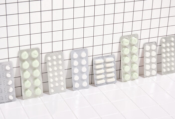White pills in blister packs. Treatment, prevention and healthy lifestyle.
