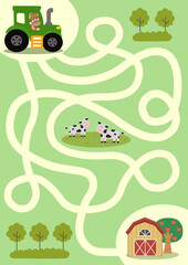 Maze puzzle game for children with cute farm illustration. Kids labyrinth puzzle. Maze activity sheet for children.	