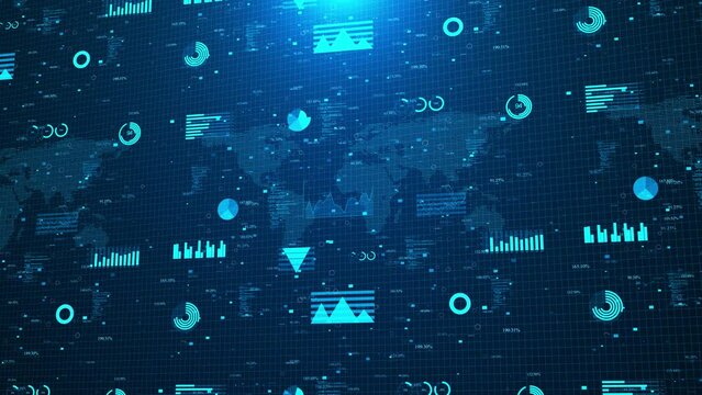 4K Futuristic user interface HUD infographic elements graphs and charts globe map background. corporate digital data chart, 3D Infographics, stock market, digital graph. Hud interface elements