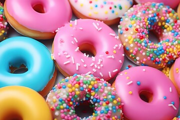 Colorful sweet donuts with sprinkles background