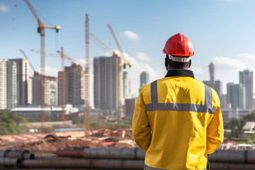 Builder on the background of a house with cranes