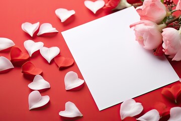 A romantic Valentine's Day composition with roses, rose petals and love letter.