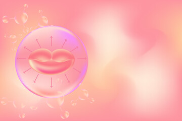 Pink cosmetology gradient background. Lips injection of hyaluronic acid, plump lips with arrows. Beauty clinic concept. Vector illustration. Perfect for beauty infographics, aesthetic cosmetology.