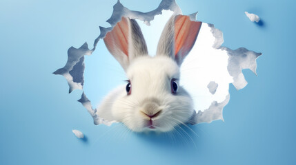 A white bunny with alert ears peers curiously through a jagged hole in paper, set against a clear blue background, creating a playful and imaginative Easter concept.