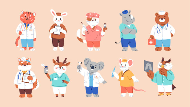 Cute animal doctors set. Funny medical characters. Hospital healthcare workers. Funny health care mascots in uniform, comic tiger, bear, rabbit, cat, mouse and owl. Isolated flat vector illustrations