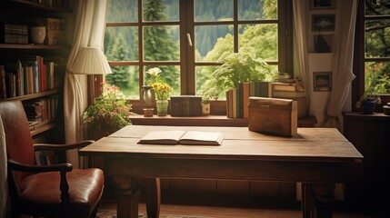 Fototapeta premium Study of a house with a view of the mountains outdoors