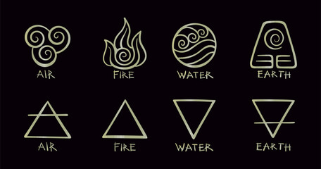 4 elements of nature. Vector golden icons for air, fire, water and earth isolated on black background - obrazy, fototapety, plakaty