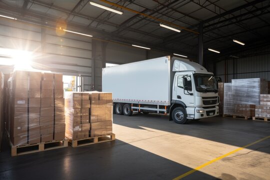 Sleek Delivery Vehicle in Warehouse, white truck, AI Generative