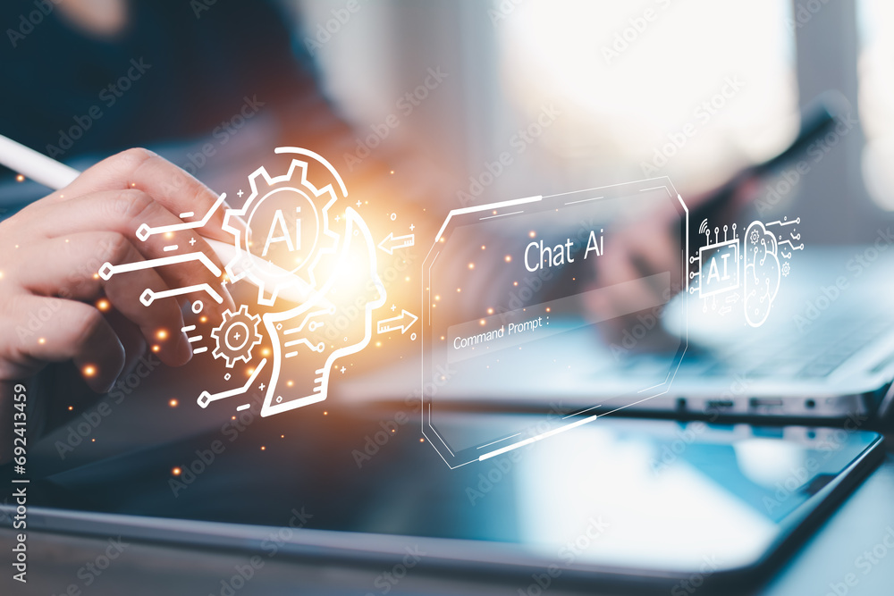 Poster ai tech, business person chatting with a smart ai using an artificial intelligence chatbot developed
