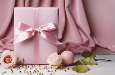 Pink pale gift box with ribbon and roses at draped fabric background