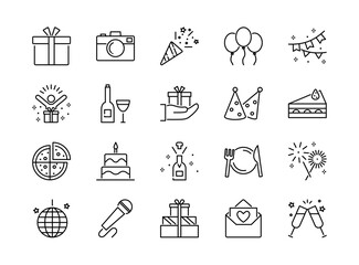 Set of birthday icons, vector illustration, editable stroke.