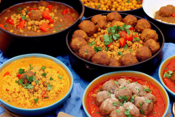 Moroccan cuisine. Chickpeas stewed with minced meat and vegetables in bowls. Generative AI