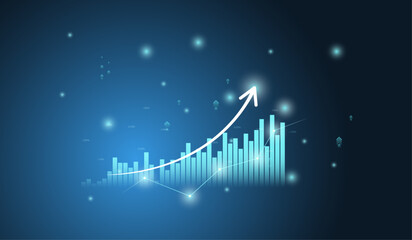 Naklejka premium Business and Financial chart with moving up arrow graph and world map in stock market on blue color background vector