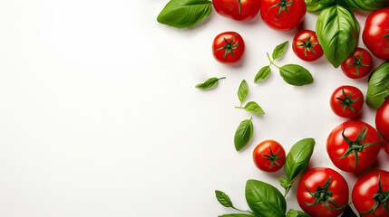 Frame of Ripe Tomatoes and Basil Leaves on White Background