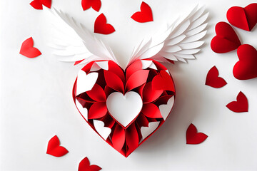 Valentine's day background with red hearts and white angel wings