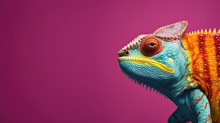 Multicoloured chameleon on dark burgundy background banner with space for your text
