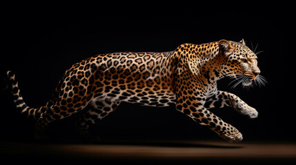 A leopard in motion on a black background