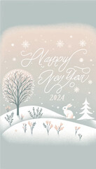 Simple vector art of a peaceful winter landscape with a snow-covered tree, a gentle snowfall, and a small rabbit, with 'Happy New Year 2024' written in the sky