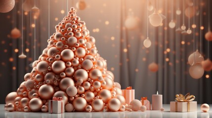 Obraz na płótnie Canvas Christmas pyramid made of many peach-colored balls with boxes for gifts, banner, copy space