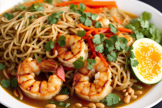 Thai cuisine. Thai spicy noodle soup with shrimps and coconut milk Generative AI