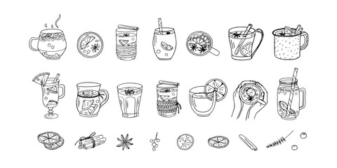 Big set of mulled wine in glasses or mugs of different sizes and shapes. Ingredients for mulled wine. Alcoholic and non-alcoholic drinks. Traditional drink in winter, before Christmas. Hand drawn
