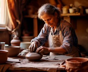 Fototapeta na wymiar Artisan shaping clay on pottery wheel, focus on hands. 
