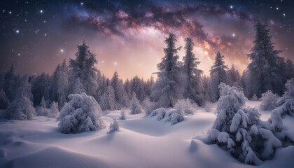 Enchanted Winter Night Snow-Covered Fairy Forest under the Moonlight