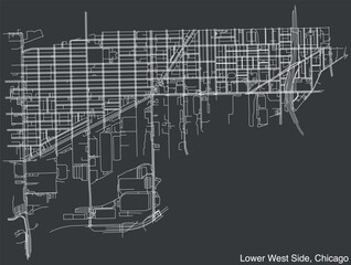 Detailed hand-drawn navigational urban street roads map of the LOWER WEST SIDE COMMUNITY AREA of the American city of CHICAGO, ILLINOIS with vivid road lines and name tag on solid background - obrazy, fototapety, plakaty
