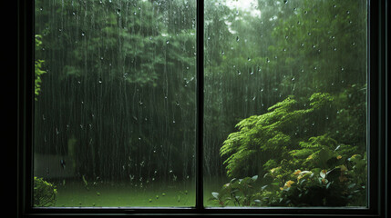 Summer rain behind a wet window