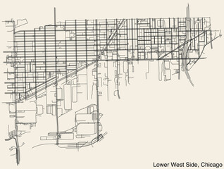 Detailed hand-drawn navigational urban street roads map of the LOWER WEST SIDE COMMUNITY AREA of the American city of CHICAGO, ILLINOIS with vivid road lines and name tag on solid background