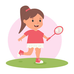 Cute little girl playing badminton. training. Summer games. Competition. Vector illustration