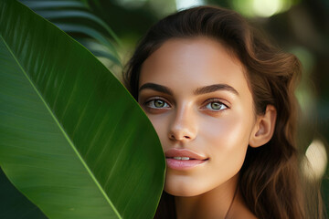 Young beautiful woman with green leave near face and body