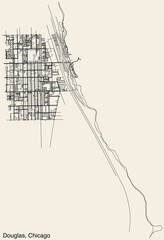 Detailed hand-drawn navigational urban street roads map of the DOUGLAS COMMUNITY AREA of the American city of CHICAGO, ILLINOIS with vivid road lines and name tag on solid background - obrazy, fototapety, plakaty