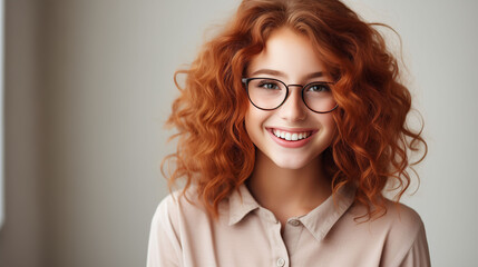Portrait of beautiful girl wearing glasses, with curly red hair on plain studio background. Health eyesight concept, school concept
